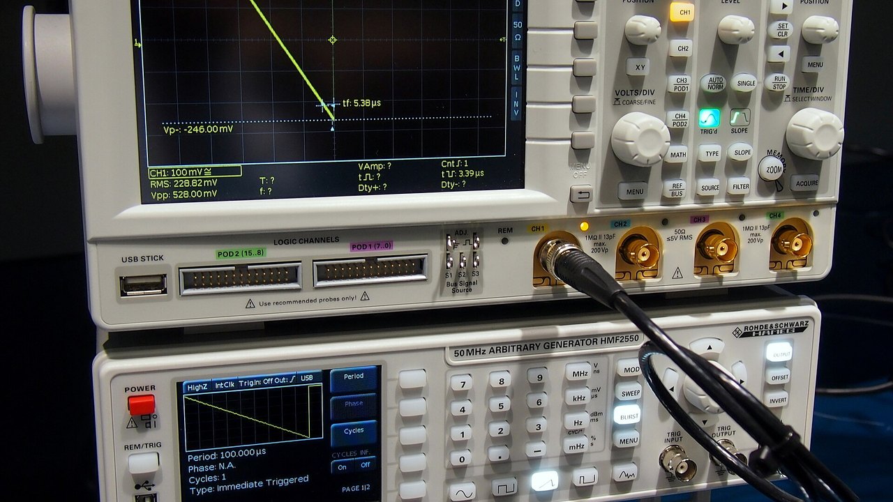 Oscilloscope and arbitrary waveform generator displaying a signal trace — the frequency and resonance physics behind resonance lyophilisation; a Panacea Bio Chem and Bogdan Dicoias brief